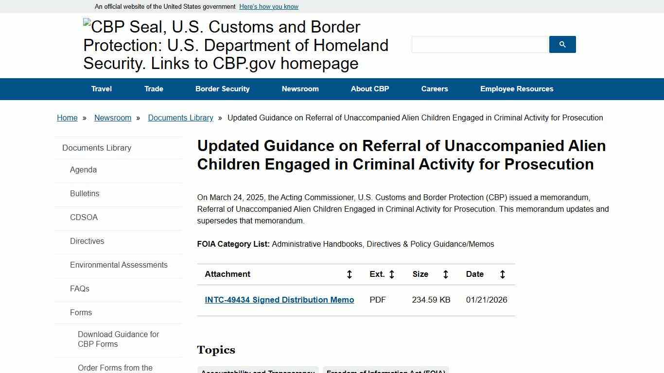 Updated Guidance on Referral of Unaccompanied Alien Children Engaged in Criminal Activity for Prosecution U.S. Customs and Border Protection